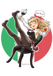 Rule 34 | 10s, 1girl, :d, alcohol, back-seamed legwear, black pantyhose, blonde hair, blush, breasts, closed eyes, cup, drinking glass, food, highres, italian flag, italy, kantai collection, large breasts, long hair, miniskirt, no shoes, open mouth, outside border, pantyhose, pizza, round image, seamed legwear, simple background, skirt, smile, sogabe toshinori, solo, speech bubble, talking, text focus, translated, wavy hair, white background, wine, wine glass, zara (kancolle)