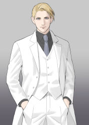 Rule 34 | 1boy, black shirt, blonde hair, blue eyes, collared shirt, cowboy shot, final fantasy, final fantasy vii, gradient background, grey background, grey necktie, hands in pockets, highres, jacket, light smile, long jacket, long sleeves, looking at viewer, male focus, necktie, pants, parted bangs, rufus shinra, sd supa, shirt, short hair, solo, standing, suit jacket, swept bangs, vest, waistcoat, white jacket, white pants, white vest