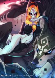 Rule 34 | 1girl, black nails, black skin, blue eyes, breasts, colored sclera, colored skin, grey skin, hair ornament, helixel, highres, large breasts, link, lips, long hair, looking at viewer, lying on another, midna, midna (true), multicolored skin, nail polish, navel, nintendo, no nipples, orange hair, parted bangs, patreon username, reclining, red eyes, spoilers, the legend of zelda, the legend of zelda: twilight princess, thick eyebrows, two-tone skin, wolf, wolf link, yellow sclera