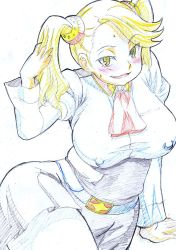 Rule 34 | 10s, 1girl, :d, adjusting hair, arm support, ascot, belt, blonde hair, blush, breasts, covered erect nipples, cowboy shot, female focus, gundam, gundam build fighters, gundam build fighters try, hair ornament, large breasts, long sleeves, looking at viewer, open mouth, pantyhose, puffy sleeves, sangou (metal-wind), sazaki kaoruko, simple background, sketch, smile, solo, sweat, swept bangs, taut clothes, thighs, traditional media, twintails, yellow eyes