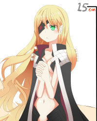 Rule 34 | 1girl, :&lt;, absurdres, blonde hair, blush, breasts, cape, cleavage, eyepatch, green eyes, highres, long hair, navel, othinus, own hands clasped, own hands together, pointy ears, solo, toaru majutsu no index, toaru majutsu no index: new testament, tsuki no kuma