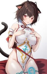 Rule 34 | 1girl, animal ears, arm garter, armpit crease, artist request, bare shoulders, breasts, brown hair, cat ears, cat tail, commission, covered navel, dress, hairband, hands on own chest, hands up, highres, large breasts, looking at viewer, open mouth, original, pelvic curtain, prunechi, red eyes, second-party source, short hair, sideboob, sitting, skindentation, sleeveless, sleeveless dress, solo, sweatdrop, tail, taut clothes, taut dress, thigh strap, thighs, white dress