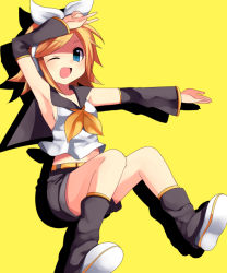 Rule 34 | 1girl, :d, armpits, belt, blonde hair, blue eyes, bow, detached sleeves, headphones, jumping, kagamine rin, leg warmers, midriff, one eye closed, open mouth, outstretched arm, shirt, shoes, shorts, sleeveless, sleeveless shirt, smile, solo, subaru (yachika), v, vocaloid
