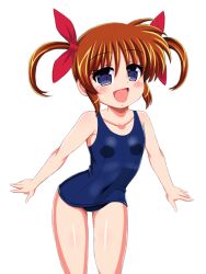 Rule 34 | 1girl, blue one-piece swimsuit, breasts, brown hair, feet out of frame, long hair, lyrical nanoha, mahou shoujo lyrical nanoha, old school swimsuit, one-piece swimsuit, open mouth, purple eyes, school swimsuit, simple background, small breasts, smile, solo, swimsuit, takamachi nanoha, twintails, white background, yaeba