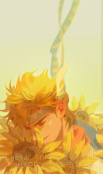 Rule 34 | 1boy, battle tendency, birthday, blonde hair, caesar anthonio zeppeli, character name, chinese commentary, closed eyes, closed mouth, commentary request, dated, eyelashes, facial mark, feather hair ornament, feathers, flower, hair ornament, handsomedao, happy birthday, headband, highres, jojo no kimyou na bouken, light smile, male focus, scarf, short hair, solo, sunflower, triangle print, yellow flower, yellow theme