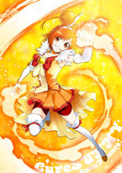 Rule 34 | 10s, 1girl, bike shorts, bike shorts under skirt, boots, bow, bowtie, bridal gauntlets, character name, choker, clenched hand, copyright name, cure sunny, fire, full body, gloves, grin, hair bun, hino akane (smile precure!), kitano tomotoshi, orange background, orange bow, orange bowtie, orange eyes, orange hair, orange skirt, orange theme, precure, red shorts, short hair, shorts, shorts under skirt, single hair bun, skirt, smile, smile precure!, solo, thigh boots, thighhighs, tiara, white thighhighs