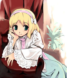 Rule 34 | 1girl, alice margatroid, aqua eyes, blonde hair, bow, head rest, couch, female focus, hair ribbon, hairband, long sleeves, red upholstery, ribbon, sitting, smile, solo, touhou, wide sleeves, yuu (kfc)