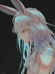 Rule 34 | absurdres, animal ears, black background, blue eyes, chinese zodiac, colored eyelashes, commentary request, from side, grey hair, highres, long hair, looking at viewer, looking to the side, mandara, nude, original, rabbit ears, resolution mismatch, signature, solo, source smaller, upper body, year of the rabbit