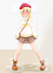 Rule 34 | 1girl, :t, bag, bang dream!, beret, blonde hair, blush, braid, breasts, brown skirt, closed mouth, ear blush, embarrassed, female focus, full body, hat, highres, indoors, legs apart, long hair, looking at viewer, miniskirt, nose blush, orange footwear, peeing, peeing self, plaid, plaid skirt, pleated skirt, puddle, purple eyes, red hat, sen no yugami, shirasagi chisato, shirt, shoes, single braid, skirt, skirt hold, small breasts, socks, solo, standing, steam, sweat, sweater, tears, wet, wet clothes, white shirt, white socks, window, yellow sweater