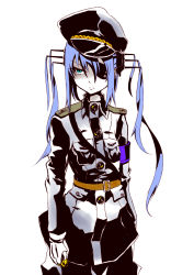 Rule 34 | 1girl, absurdres, bad id, bad pixiv id, belt, blue eyes, blue hair, eyepatch, gloves, hat, highres, long hair, matching hair/eyes, military, military uniform, musupon214, one-eyed, original, peaked cap, shako cap, sketch, solo, twintails, uniform, white background, white theme