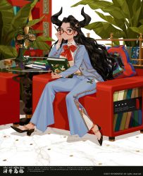 Rule 34 | 1girl, absurdres, artist name, black hair, book, bow, bowtie, couch, cow girl, cow horns, earrings, formal, full body, glasses, high heels, highres, horns, jewelry, long hair, long sleeves, looking at viewer, original, pen, rcyang0525, signature, sitting, solo, spread legs, suit, wavy hair, yellow eyes