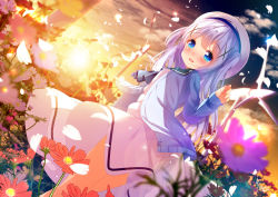Rule 34 | 1girl, :d, artist name, ascot, beret, black ascot, blue cardigan, blue eyes, blue hair, blue jacket, blurry, blurry foreground, blush, cardigan, chinomaron, dated, depth of field, dress, flower, gochuumon wa usagi desu ka?, hair between eyes, hair ornament, hand up, happy birthday, hat, highres, jacket, kafuu chino, long hair, long sleeves, looking at viewer, looking back, open cardigan, open clothes, open jacket, open mouth, outdoors, petals, purple flower, red flower, sailor hat, signature, sleeves past wrists, smile, solo, sunset, two side up, very long hair, white dress, white flower, white hat, wind turbine, windmill, x hair ornament