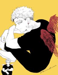 Rule 34 | 1boy, animal print, ankle boots, arms on knees, bird print, black pants, black skirt, boku no hero academia, boots, burn scar, drawn wings, ear piercing, earrings, facial hair, facial mark, feathered wings, goatee, hawks (boku no hero academia), highres, inset, jewelry, light smile, limited palette, long eyebrows, looking at viewer, male focus, mini wings, multiple views, pants, piercing, red wings, scar, scar on face, scar on neck, short hair, short sleeves, signature, sitting, skirt, stubble, stud earrings, twitter username, wings, y-san (caramelcrn014), yellow background