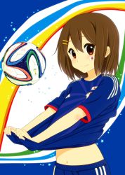 Rule 34 | 1girl, 2014 fifa world cup, absurdres, bad id, bad pixiv id, blush, brown eyes, brown hair, highres, hirasawa yui, hiro9779, japan, japanese flag, k-on!, looking at viewer, navel, smile, soccer, solo, world cup