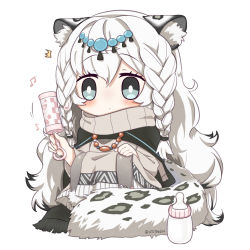 Rule 34 | 1girl, ^^^, animal ear fluff, animal ears, arknights, artist name, baby bottle, beamed eighth notes, black cape, blush, bottle, braid, cape, chibi, commentary, dress, grey dress, grey eyes, hair between eyes, holding, jewelry, lemon raimu, leopard ears, leopard tail, long hair, long sleeves, musical note, necklace, pramanix (arknights), rattle, silver hair, simple background, sitting, solo, tail, turtleneck, turtleneck dress, twin braids, twitter username, very long hair, white background
