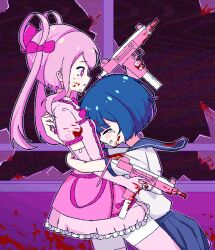Rule 34 | 2girls, aqua hair, arm at side, arm hug, arm up, blank stare, blood, blood drip, blood on clothes, blood on face, blood on wall, blood on window, bloody weapon, blue hair, blue sailor collar, blue skirt, blunt bangs, blush, bob cut, broken glass, broken window, chibikki, choker, clenched teeth, closed mouth, commentary, crying, distortion, double arm hug, dress, elbow gloves, english commentary, finger on trigger, frilled dress, frills, from side, glass, glass shards, gloves, gun, hair ribbon, highres, holding, holding gun, holding weapon, hug, long hair, looking down, magazine (weapon), magical girl, magical girl saki-hope (chibikki), micro uzi, multiple girls, nanako (chibikki), no halo, open mouth, original, pale skin, pink choker, pink eyes, pink gloves, pink hair, pink ribbon, pink skirt, pixel art, pleated skirt, puffy short sleeves, puffy sleeves, ribbon, sailor collar, saki (chibikki), school uniform, short sleeves, skirt, socks, staring, submachine gun, surprised, swept bangs, tears, teeth, thighhighs, twintails, uzi, weapon, window