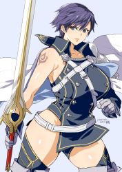 Rule 34 | blue background, blue eyes, blue hair, boots, breasts, chrom (fire emblem), commission, falchion (fire emblem), fire emblem, gauntlets, genderswap, genderswap (mtf), hachimaki, headband, highres, holding, holding sword, holding weapon, large breasts, nejiri hachimaki, nintendo, pixiv commission, short hair, shoulder tattoo, solo, sword, tattoo, thick thighs, thigh boots, thighhighs, thighs, weapon, yajiro masaru