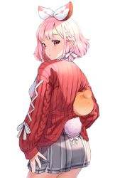 Rule 34 | 1girl, :o, atelier live, blush, braid, clothing cutout, cowboy shot, from behind, grey skirt, highres, long sleeves, looking at viewer, looking back, miniskirt, nyaanite, pink hair, pinku (vtuber), pleated skirt, rabbit tail, red eyes, red sweater, short hair, side braid, skirt, solo, surprised, sweater, tail, tail through clothes, virtual youtuber