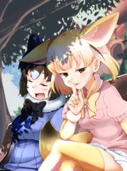 Rule 34 | 10s, 2girls, :3, animal ears, bench, black hair, blonde hair, blush, bow, bowtie, breast pocket, breasts, casino (casinoep), cloud, common raccoon (kemono friends), crossed legs, day, drooling, closed eyes, fang, fennec (kemono friends), finger to mouth, fox ears, fox tail, fur collar, gradient hair, half-closed eyes, highres, kemono friends, looking at viewer, multicolored hair, multiple girls, naughty face, open mouth, outdoors, pleated skirt, pocket, puffy short sleeves, puffy sleeves, raccoon ears, scrunchie, short-sleeved sweater, short hair, short sleeves, shushing, sitting, skirt, sky, sleeping, small breasts, smile, sweater, tail, thighhighs, tongue, tongue out, tree, tree shade, two-tone hair, under tree, wavy mouth, white hair