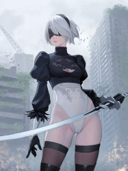 Rule 34 | 1girl, 2b (nier:automata), absurdres, bare hips, black footwear, black gloves, black leotard, blindfold, boots, breasts, brown thighhighs, building, city, cleavage, cleavage cutout, closed mouth, clothing cutout, contrapposto, covered eyes, cowboy shot, day, drid, gloves, grey hair, heattech leotard, highleg, highleg leotard, highres, holding, holding sword, holding weapon, juliet sleeves, leotard, long sleeves, medium breasts, mole, mole under mouth, nier:automata, nier (series), outdoors, puffy sleeves, ruins, short hair, sky, smile, solo, sword, thigh boots, thighhighs, thighhighs under boots, turtleneck, two-tone leotard, weapon, white leotard