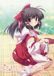 Rule 34 | 1girl, antenna hair, artist name, ascot, bottle, bow, brown eyes, brown hair, cherry blossoms, collar, cup, detached sleeves, female focus, frilled bow, frilled hair tubes, frilled shirt collar, frilled skirt, frills, hair bow, hair tubes, hakurei reimu, happy birthday, happy birthday (artist), japanese clothes, kneeling, looking at viewer, meadow, miko, no shoes, picnic, plaid, ponytail, red bow, red ribbon, red shirt, red skirt, ribbon, ribbon-trimmed sleeves, ribbon trim, sailor collar, sakazuki, sake bottle, sarashi, shirt, sitting, skirt, socks, solo, touhou, white collar, white sleeves, white socks, wide sleeves, yellow ascot, yokozuwari