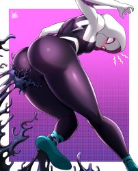 Rule 34 | 1girl, animification, ass, blush, breasts, commentary, gradient background, gwen stacy, highres, hood, hoodie, jmg, looking back, marvel, mask, purple background, signature, spider-gwen, spider-man: into the spider-verse, spider-man (series), spider-verse, surprised, thighs, venom (marvel)