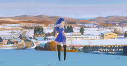 Rule 34 | 1girl, bare shoulders, blue hair, building, cityscape, forest, highres, hill, lipstick, long hair, looking to the side, makeup, nature, original, profile, puffy sleeves, road, scarf, scenery, shitub52, snow, solo, thighhighs, traditional media, wayne chan, wind, winter, zettai ryouiki