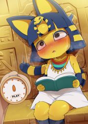 Rule 34 | 1girl, @ @, animal crossing, animal ears, ankha (animal crossing), black eyes, blue hair, blush, book, breasts, cat ears, cat girl, cat tail, dagashi (daga2626), dress, furry, furry female, highres, holding, holding book, looking at viewer, nintendo, nose blush, open mouth, pov, rolling eyes, sitting, small breasts, solo focus, tail, time stop, translation request, trembling, white dress, yellow fur