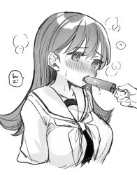 Rule 34 | 1girl, blush, breasts, food, greyscale, kantai collection, large breasts, long hair, monochrome, nanahamu, neckerchief, ooi (kancolle), open mouth, popsicle, sailor collar, school uniform, serafuku, sexually suggestive, simple background, solo, upper body, white background