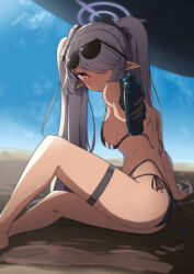 Rule 34 | 1girl, absurdres, ass, bikini, black bikini, black gloves, blue archive, blue sky, bottle, bow, breasts, dark-skinned female, dark skin, day, eyewear on head, feet out of frame, frown, gloves, grey hair, hair bow, hair over one eye, halo, highres, holding, holding bottle, iori (blue archive), iori (swimsuit) (blue archive), kittenlochen, legs, long hair, looking at viewer, medium breasts, multi-strapped bikini bottom, outdoors, outstretched arm, pointy ears, red eyes, sideboob, sitting, sky, solo, strap gap, sunglasses, swimsuit, tan, thigh strap, thighs, twintails, untied bikini, very long hair, wavy mouth