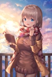 Rule 34 | 1girl, :d, blue eyes, book, bookmark, breasts, brown coat, brown hair, brown pants, brown sweater, cloud, cloudy sky, coat, commentary request, cowboy shot, dress, enpera, hands up, highres, holding, holding book, lens flare, long hair, long sleeves, looking at viewer, medium breasts, open book, open clothes, open coat, open mouth, original, outdoors, pants, railing, ribbed sweater, ruda (ruda e), scarf, sky, smile, solo, sunset, sweater, sweater dress, very long hair