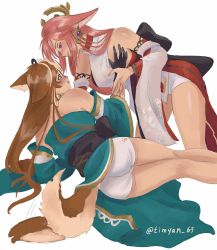Rule 34 | 2girls, animal ears, ass, bare shoulders, blush, grabbing another&#039;s breast, breasts, brown hair, detached sleeves, dog ears, dog tail, embarrassed, from behind, genshin impact, gloves, grabbing, green eyes, hair ornament, highres, hina (genshin impact), japanese clothes, kimono, long hair, looking at another, lying, multicolored hair, multiple girls, on side, pink hair, purple eyes, shiny skin, short shorts, shorts, smile, tail, timyan 69, two-tone hair, very long hair, white hair, yae miko
