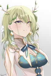 Rule 34 | 1girl, antlers, artist name, blue bow, blush, bow, bowtie, braid, braided bangs, breasts, ceres fauna, cleavage, cleavage cutout, clothing cutout, cowboy shot, earrings, flower, green hair, grey background, hair flower, hair ornament, highres, hololive, hololive english, horns, jewelry, long hair, looking at viewer, medium breasts, mole, mole under eye, smile, solo, takida 185, virtual youtuber, white flower, yellow eyes