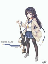 Rule 34 | 1girl, ar-10, artist name, ascot, battle rifle, black hair, black pantyhose, blouse, blue skirt, breasts, character name, check commentary, closed mouth, collarbone, commentary, commentary request, full body, girls&#039; frontline, grey footwear, gun, hairband, hand in pocket, hani (v2ictory), highres, hood, hooded jacket, jacket, knee pads, long hair, long sleeves, looking at viewer, medium breasts, neckerchief, no gloves, pantyhose, pleated skirt, purple eyes, rifle, sailor collar, school uniform, serafuku, shirt, shoes, signature, simple background, skirt, smile, sneakers, solo, standing, super sass (girls&#039; frontline), tareme, weapon, white background, white jacket, white shirt, wind, yellow neckwear