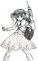 Rule 34 | 1girl, boots, dress, drill, female focus, greyscale, hair bobbles, hair ornament, holding, holding screwdriver, kawashiro nitori, long sleeves, looking at viewer, machinery, monochrome, mozan, pocket, power drill, power tool, rubber boots, screwdriver, short hair, solo, thighhighs, touhou, two side up, worktool, zettai ryouiki