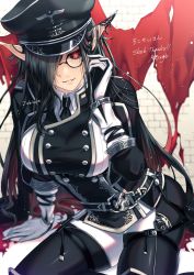 Rule 34 | !, !!, 1girl, absurdres, arm support, artist name, belt, belt buckle, black hair, black sclera, breasts, buckle, colored sclera, commentary request, commission, glasses, gloves, hair between eyes, hat, highres, large breasts, long hair, looking at viewer, military, military hat, military uniform, original, parted lips, pointy ears, red eyes, skeb commission, solo, tatsuma daisuke, teeth, uniform, watermark
