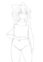 Rule 34 | 1girl, :&lt;, babydoll, bow, camisole, cirno, flat chest, greyscale, hair bow, kasuga yukihito, lineart, monochrome, navel, panties, short hair, solo, touhou, underwear