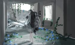 Rule 34 | 1girl, barefoot, black footwear, blue butterfly, blue eyes, blue flower, boots, broken wall, bug, building, butterfly, cevio, coat, commentary request, creature, day, expressionless, flower, from behind, gomidasu (kamitsubaki studio), grey hair, hair ornament, hallway, hand up, highres, hole in wall, indoors, insect, kaminari kzy, kamitsubaki studio, long hair, long sleeves, looking at animal, multicolored hair, overexposure, plant, profile, purple hair, rubble, ruins, sekai (cevio), solo, streaked hair, unworn boots, vines, wading, walking, water, white coat, wide shot, window