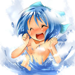Rule 34 | 1girl, aki (akikaze asparagus), autumn (artist), blue hair, blush, breasts, censored, cirno, convenient censoring, embodiment of scarlet devil, fog, happy, nude, onsen, solo, touhou, water