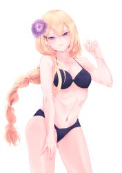 Rule 34 | 1girl, absurdres, alternate hairstyle, assault lily, bare arms, bare shoulders, bikini, black bikini, blonde hair, braid, braided ponytail, breasts, closed mouth, collarbone, commentary, cowboy shot, flower, hair flower, hair ornament, hairclip, halterneck, hand on own thigh, hand up, highres, light blush, long hair, looking at viewer, low ponytail, medium breasts, miyagawa takane, navel, purple eyes, purple flower, simple background, single braid, smile, solo, standing, stomach, swimsuit, teru (teru3sei), very long hair, white background
