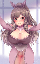 Rule 34 | 1girl, absurdres, breasts, brown eyes, brown hair, cleft of venus, commission, commissioner upload, dress, fire emblem, fire emblem awakening, frilled dress, frills, hair ornament, highres, large areolae, large breasts, long hair, looking at viewer, nintendo, pov, pussy, reaching, reaching towards viewer, see-through, see-through dress, smile, solo, sugarbell, sumia (fire emblem), teasing