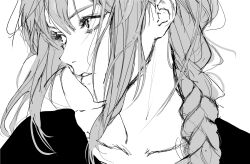 Rule 34 | 1girl, braid, chainsaw man, close-up, collarbone, commentary, eyelashes, greyscale, inoitoh, long hair, looking afar, looking to the side, makima (chainsaw man), monochrome, parted lips, portrait, shirt, side braid, sidelocks, simple background, solo, white background