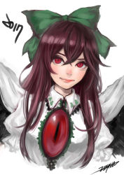 Rule 34 | 1girl, bow, cape, cropped torso, green bow, hair bow, johnalay, lips, long hair, looking at viewer, nose, nostrils, red eyes, reiuji utsuho, signature, simple background, solo, third eye, touhou, upper body, white background, wings