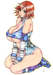 Rule 34 | 1girl, bad id, bad pixiv id, bare shoulders, blue bra, blush, bra, breasts, brown hair, cleavage, covered erect nipples, curvy, elbow pads, embarrassed, fingerless gloves, gloves, hands on own knees, highres, hip focus, huge breasts, jumpsuit, kazama asuka, kneeling, kyo (osaka), large breasts, looking at viewer, orange eyes, plump, revealing clothes, short hair, simple background, solo, sports bra, tekken, thick thighs, thighs, underwear, white background, wide hips