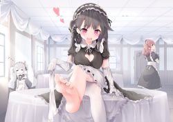 Rule 34 | 3girls, :d, = =, absurdres, animal ears, apron, arm support, azur lane, black dress, black hair, black hairband, black ribbon, blush, blush stickers, breasts, cleavage, cleavage cutout, clothing cutout, collared dress, commentary request, cowboy shot, crossed legs, door, dress, elbow gloves, fake animal ears, fang, feet, foot focus, foreshortening, frilled apron, frilled dress, frilled hairband, frills, gloves, hair between eyes, hair ribbon, hairband, heart, heart-shaped pupils, heart cutout, highres, holding, holding clothes, holding legwear, holding tray, indoors, laffey (azur lane), large breasts, unworn legwear, light rays, long hair, looking at viewer, maid, maid apron, maid headdress, multiple girls, neck ribbon, one side up, open mouth, pamiat merkuria (azur lane), parted lips, pink eyes, puffy short sleeves, puffy sleeves, rabbit ears, red hair, ribbon, short sleeves, sidelocks, single thighhigh, sitting, sitting on table, skin fang, sleeping, sleeping upright, smile, soles, standing, strap slip, sunbeam, sunlight, symbol-shaped pupils, table, teasing, thighhighs, tray, twintails, uduki (nissi), white gloves, white hair, white legwear, white ribbon, window, zara (azur lane), zzz