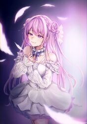 Rule 34 | absurdres, bare shoulders, braid, closed mouth, crying, crying with eyes open, detached sleeves, dorothy (nikke), dress, frilled dress, frills, goddess of victory: nikke, gradient background, hair bun, hair intakes, hair ribbon, highres, long hair, ohal, pink eyes, pink hair, purple ribbon, ribbon, single side bun, smile, streaming tears, tears, white dress