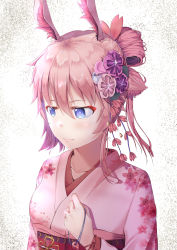 Rule 34 | 1girl, alternate hairstyle, animal ears, benghuai xueyuan, blue eyes, closed mouth, collarbone, commentary request, expressionless, floral print, flower, fox ears, hair between eyes, hair flower, hair ornament, hand up, highres, holding, honkai (series), japanese clothes, kanzashi, kimono, long sleeves, looking down, magatama, obi, pink flower, pink hair, pink kimono, print kimono, purple flower, rabbit ears, sash, short hair, solo, upper body, white background, yae sakura, yae sakura (benghuai xueyuan), ye zi you bei jiao ju ge