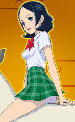 Rule 34 | 1girl, animal, black hair, bow, bowtie, checkered clothes, checkered skirt, coicent, deer, forehead, from behind, gradient background, haruyama kazunori, looking at viewer, looking back, miniskirt, orange background, panties, pantyshot, riding, school uniform, short hair, sitting, sitting on animal, skirt, solo, spread legs, straddling, thighs, toto, toto (coicent), underwear, upskirt, white panties