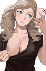 Rule 34 | 1girl, absurdres, black shirt, blonde hair, blouse, blue eyes, breasts, cleavage, female focus, hair ornament, highres, j@ck, large breasts, lips, nipple slip, nipples, persona, persona 5, selfie, shirt, simple background, smile, solo, takamaki anne, twintails, upper body, white background