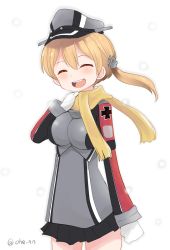 Rule 34 | 1girl, ^ ^, ahenn, blonde hair, closed eyes, commentary request, hair between eyes, hat, kantai collection, long hair, open mouth, peaked cap, prinz eugen (kancolle), simple background, smile, solo, twitter username, white background